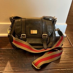 Marc by Marc Jacobs olive leather bag with olive/red fabric crossbody strap